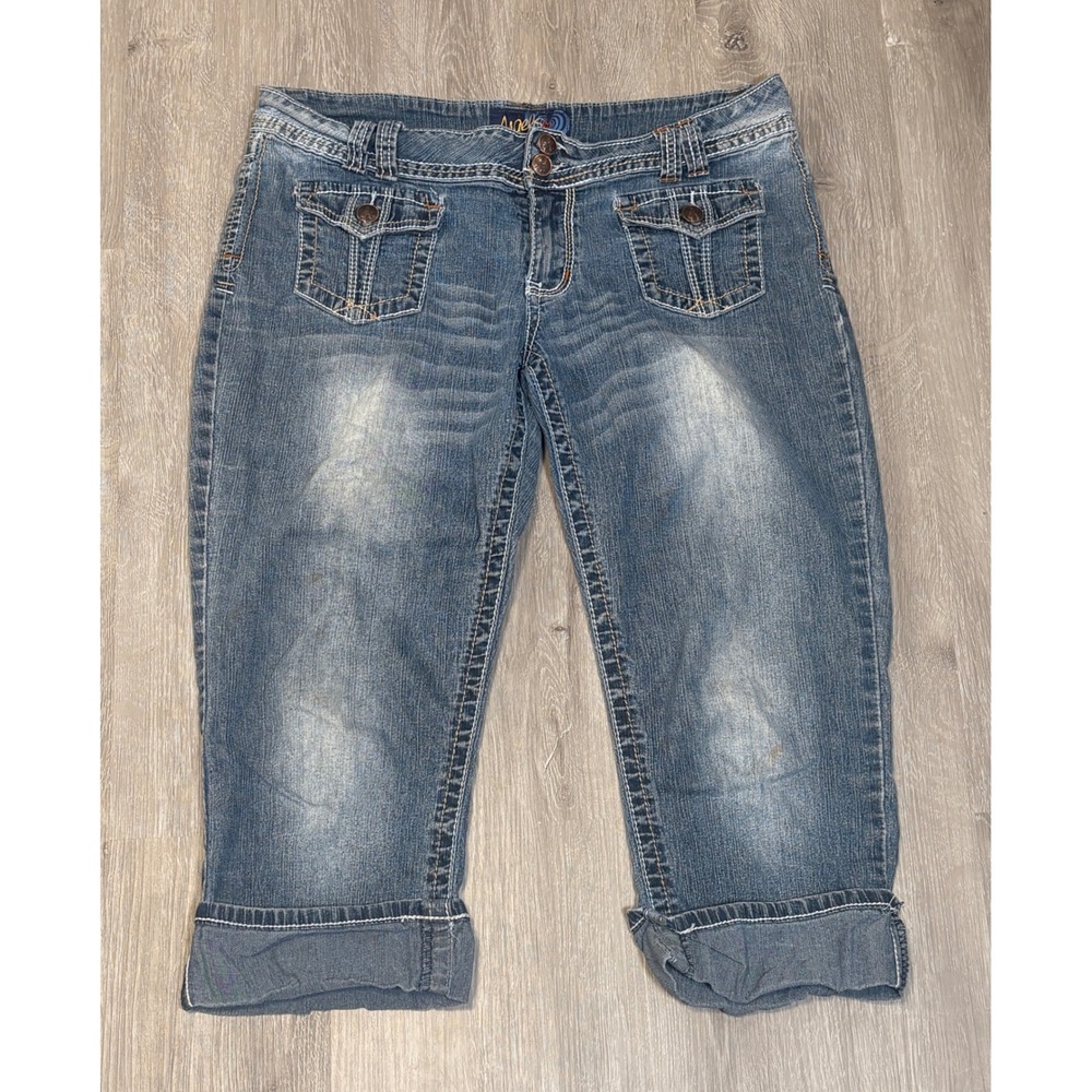 Angels Womens Y2K Denim Capri Jeans Medium Wash Flap Pocket Size 17 Stretch